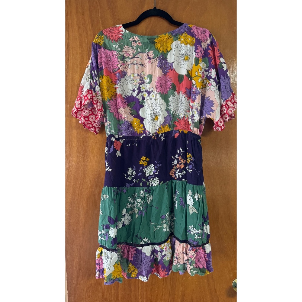 Anthropologie Floral Patchwork Tiered Mini Dress Small Multi Color Modal Boho - Picture 8 of 8